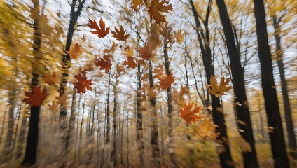Obraz premium Wind Currents with Floating Autumn Leaves in a Forest Scene
