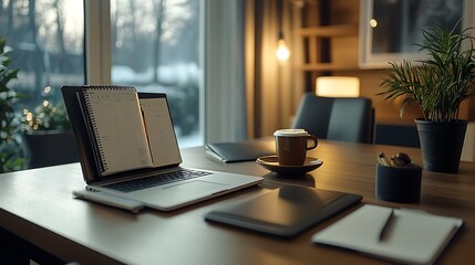 Cozy workspace with laptop, notebook, coffee, and plant.