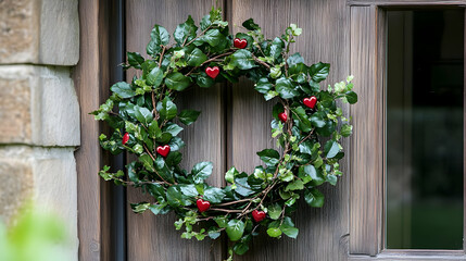 Fototapeta premium An elegant wreath made of roses and heart-shaped ornaments to enhance the romantic atmosphere of a Valentine's Day door.