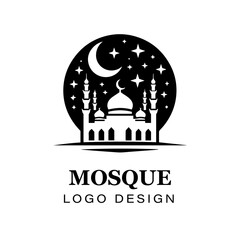  Black and white Islamic mosque logo design featuring crescent moon, stars, detailed vector artwork for branding, religious, and creative graphic projects.
