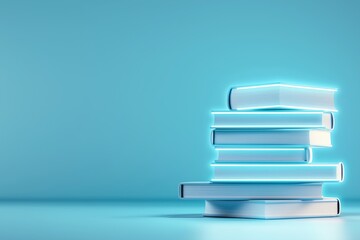 Fototapeta premium Stack of glowing books on a blue background. Futuristic education and knowledge concept with a modern design