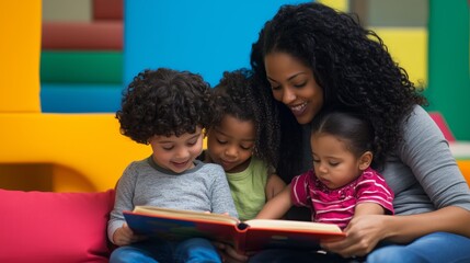 A woman reads a book to her children. The children are smiling and seem to be enjoying the story. The woman is sitting on a couch with her children, and they are all together