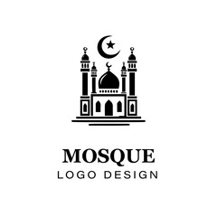 Obraz premium Black and white Islamic mosque logo design featuring crescent moon, stars, detailed vector artwork for branding, religious, and creative graphic projects. 