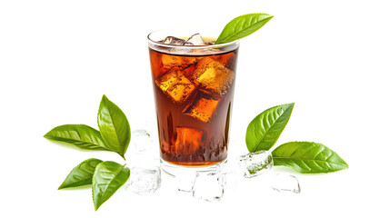 glass of black tea with ice cubes isolated on white background	