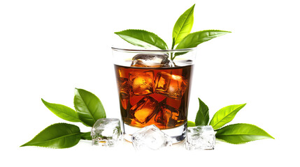 glass of black tea with ice cubes isolated on white background	