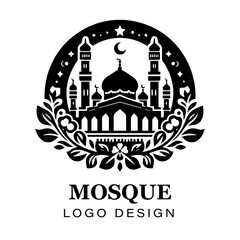  Black and white Islamic mosque logo design featuring crescent moon, stars, detailed vector artwork for branding, religious, and creative graphic projects.

