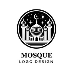  Black and white Islamic mosque logo design featuring crescent moon, stars, detailed vector artwork for branding, religious, and creative graphic projects.
