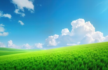 Obraz premium Vast green field stretches under vibrant blue sky with fluffy white clouds. Sunny day creates serene, peaceful atmosphere. Green plants, open space evoke sense of calmness. Natural beauty of rural