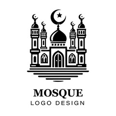  Black and white Islamic mosque logo design featuring crescent moon, stars, detailed vector artwork for branding, religious, and creative graphic projects.

