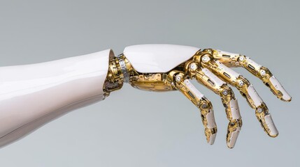 Robotic hand reaching, futuristic design, grey background, technology concept