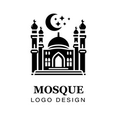  Black and white Islamic mosque logo design featuring crescent moon, stars, detailed vector artwork for branding, religious, and creative graphic projects.
