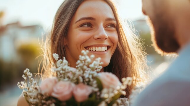Joyful woman smiling with flower bouquet in a romantic moment. International Women's Day - Powered by Adobe