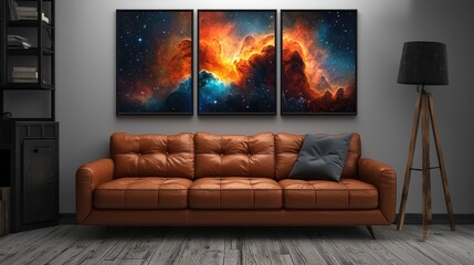 Modern interior with leather sofa, vibrant space art, and stylish lighting fixture