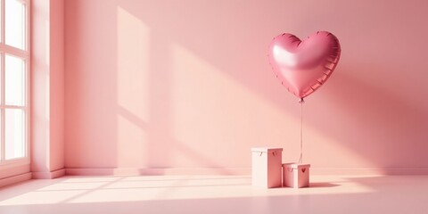 A pink heart-shaped balloon floats serenely above two pastel boxes in a sunlit room, creating a romantic and serene atmosphere.