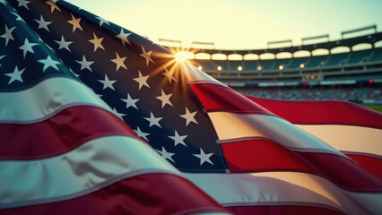 American Flag Unfolding with Proud Curves and Textures, Sunrays Illuminating the Stadium Behind