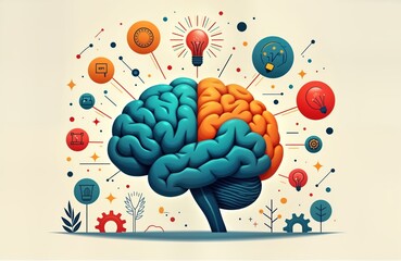 Colorful brain illustration represents innovation, creativity. Colorful tech icons surround brain inspiration. Brain central image. Design concept shows colorful ideas arising from mind. Illustration