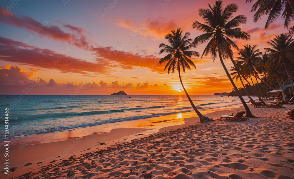 Aufkleber a beautiful beach with palm trees and a sunset in the background. the sky is filled with clouds and 
