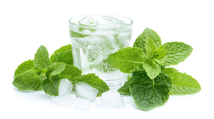 glass of vodka with ice cubes and mint isolated on white background	