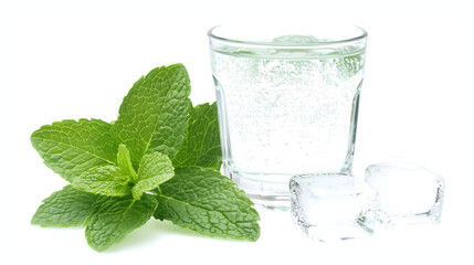 glass of vodka with ice cubes and mint isolated on white background	