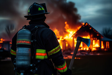 A photo of a fireman from the back with a fire axe and a burning house in the background