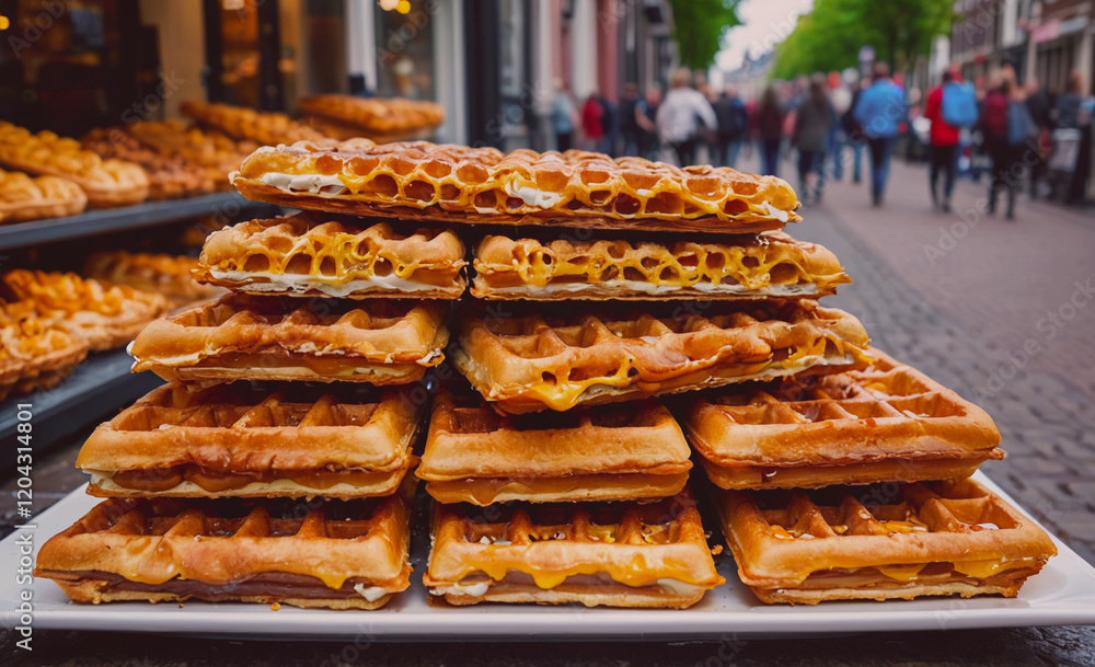 Aufkleber a stack of waffles with a variety of toppings. the waffles are piled high on a white plate