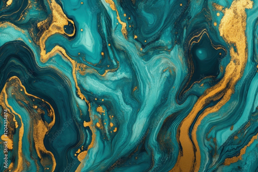 Poster a vibrant turquoise and gold marbled design and intricate swirls and patterns create a visually stri