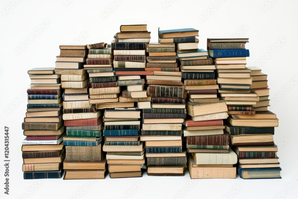 Poster a wide array of stacks of books piled haphazardly but full of character against a plain white backgr