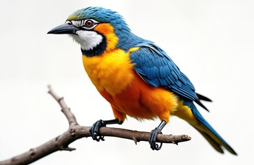 Fototapeta premium Colorful bird perches on twig against transparent background. Vivid orange, blue plumage. Detailed view of bird feathers, beak. Animal in nature. Perfect for wildlife lovers. Exotic, vibrant.