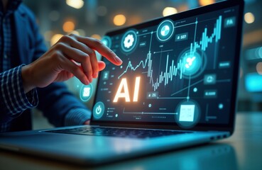 Person interacts with laptop screen displaying AI tech. Business use of AI in sales reports, tax invoices. Automated CRM software, robotic process automation. Business data visualization on screen.