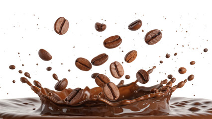 Liquid is splashing and coffee beans are falling. white background, png	