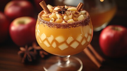 Spiced apple cocktail, autumn drink, close-up, wooden table, fall season, food photography