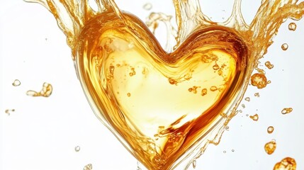 Liquid gold heart splash, dynamic fluid motion, heart-shaped liquid, shimmering golden texture, high-speed photography, transparent amber liquid, energetic ripples, romantic symbol, valentine's day co