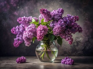 A stunning lilac bouquet, artfully arranged in glass, glows softly against a grey backdrop in low light.