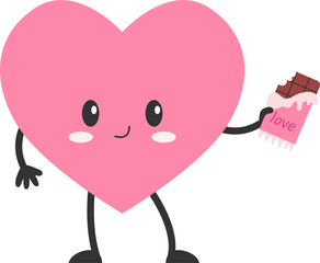 Cartoon heart character with face, hands and feet. Love symbol with chocolate bar. Vector illustration.
