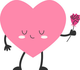 Cartoon heart character with face, hands and feet. Love symbol with rose. Vector illustration.