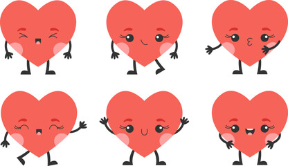 Cute cartoon heart characters with face, hands and feet. Set of hearts for Valentine's Day. Vector illustration.