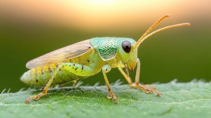 Green katydid on leaf at sunset, nature macro. Use nature websites
