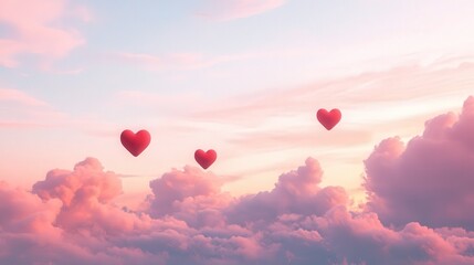 Obraz premium whimsical landscape with red hearts and ethereal clouds in pink hues