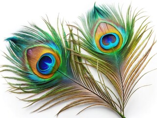 Obraz premium Beautiful, colorful peacock feathers isolated against a white background; a nature photography masterpiece.