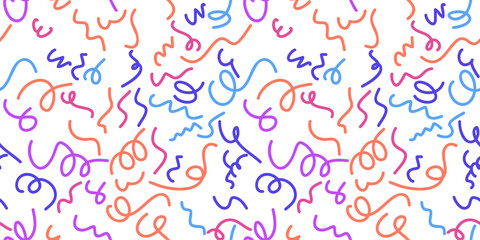Playful and vibrant line doodle seamless pattern with a creative minimalist design. Ideal for children's themes or trendy designs featuring basic shapes, resembling cheerful party confetti 