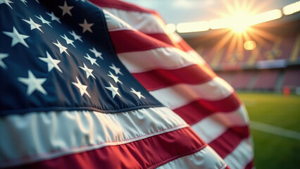 American Flag in Focus, Rugby Stadium Fading in the Distance