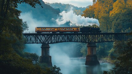 Fototapeta premium Steam train crossing valley bridge at dawn