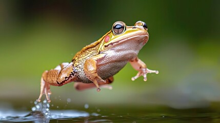 Obraz premium Frog leaping near water, rainforest background, nature wildlife