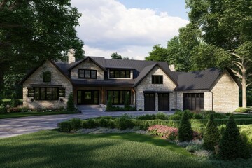 This contemporary stone house is nestled amidst vibrant greenery in a peaceful residential neighborhood, all under a clear, sunny sky