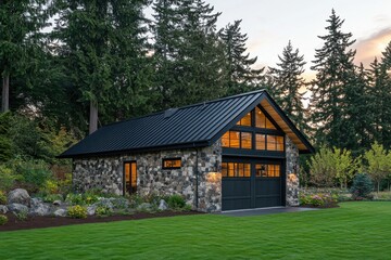Fototapeta premium A contemporary stone garage beautifully situated amid towering trees, illuminated by the warm glow of sunset, highlighting its remarkable architecture and intricate landscaping details