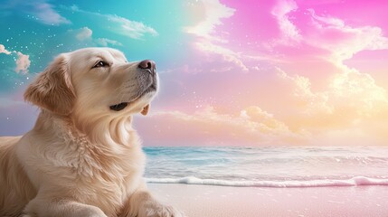 Pets relaxing by the beach under vibrant pastel neon skies, with watercolor waves and minimalistic elements creating a playful yet tranquil setting
