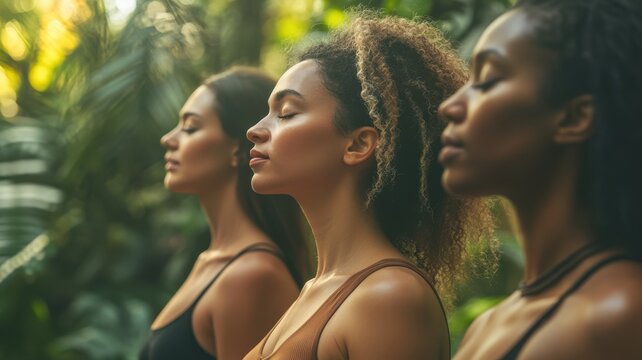 Meditation and mindfulness women embracing diverse body types in nature. International Women's Day