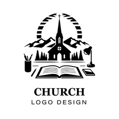 Black and white gothic church logo design featuring cross, detailed vector artwork for branding, religious organizations, architecture, and graphic art projects.
