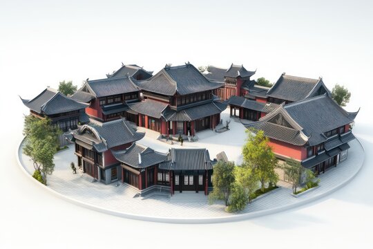 3D new Chinese style building complex on a round chassis, several Chinese commercial buildings with red walls and black tiles
