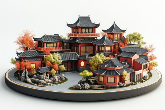 3D new Chinese style building complex on a round chassis, several Chinese commercial buildings with red walls and black tiles